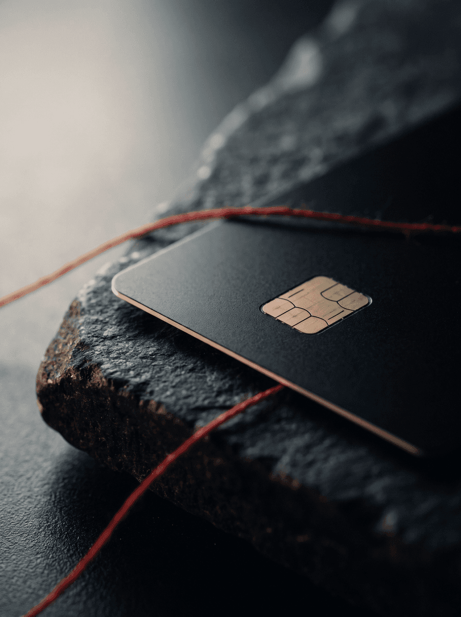 Edge of a black payment card on dark stone.