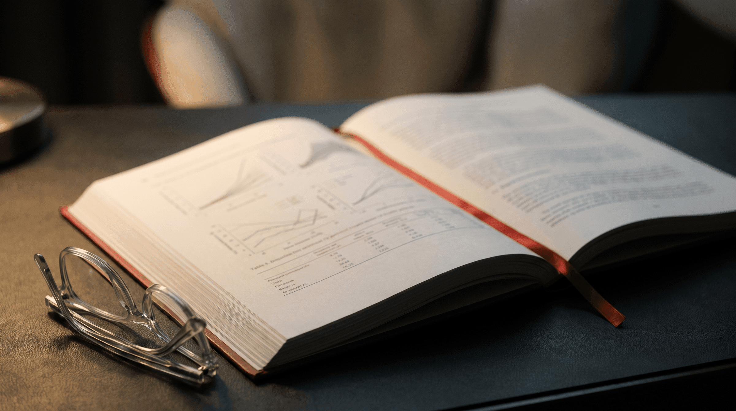 Open white paper with charts and clear eyeglasses.